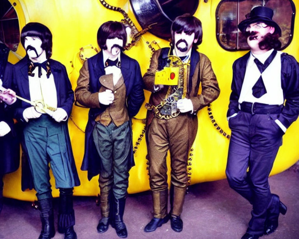 Vintage Outfits: Four Individuals with Fake Beards Pose Playfully