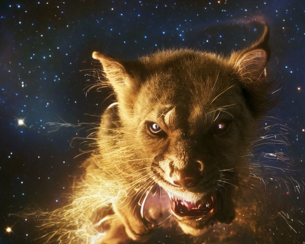 Close-up of angry cat with glowing eyes in cosmic setting