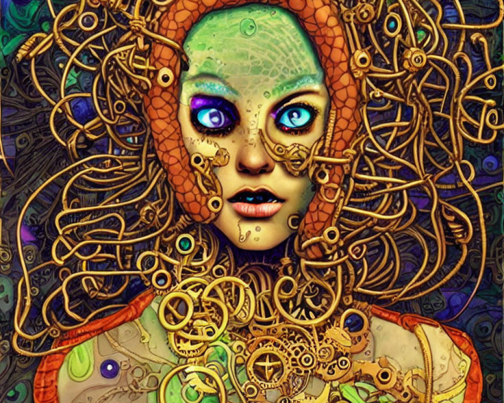 Digital artwork featuring woman with green skin, golden mechanical details, and purple-blue eyes