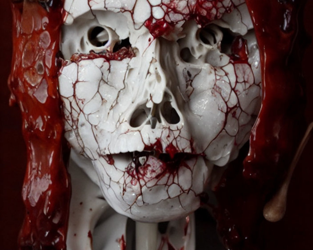 Skull covered in red viscous liquid for horror-themed image