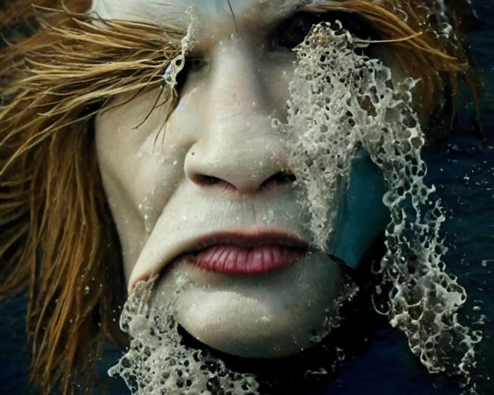Red-haired person submerged in water with bubbles and splash.
