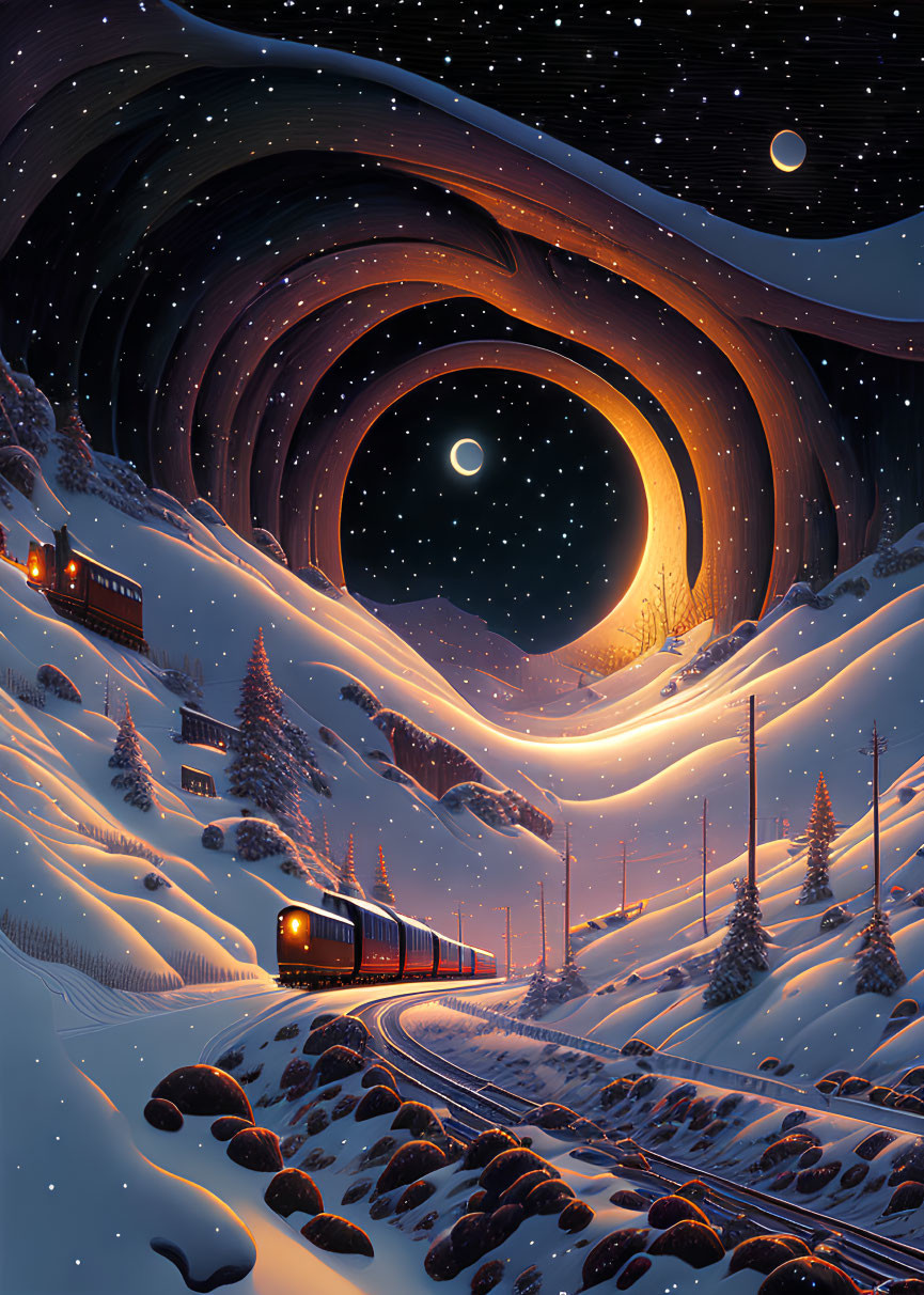 Snowy Night Train Traveling Through Looping Mountains