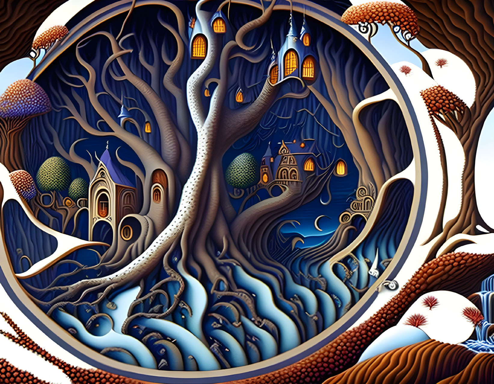 Circular frame artwork showcasing intricate tree roots, branches, fantastical houses, lanterns, and patterned