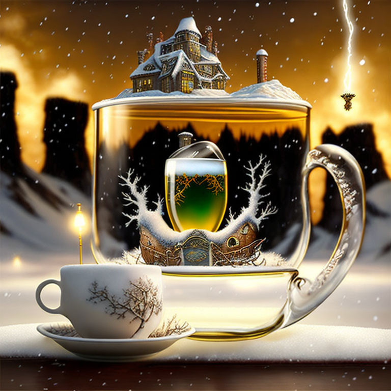 Transparent teacup with snow-covered house in snowy landscape