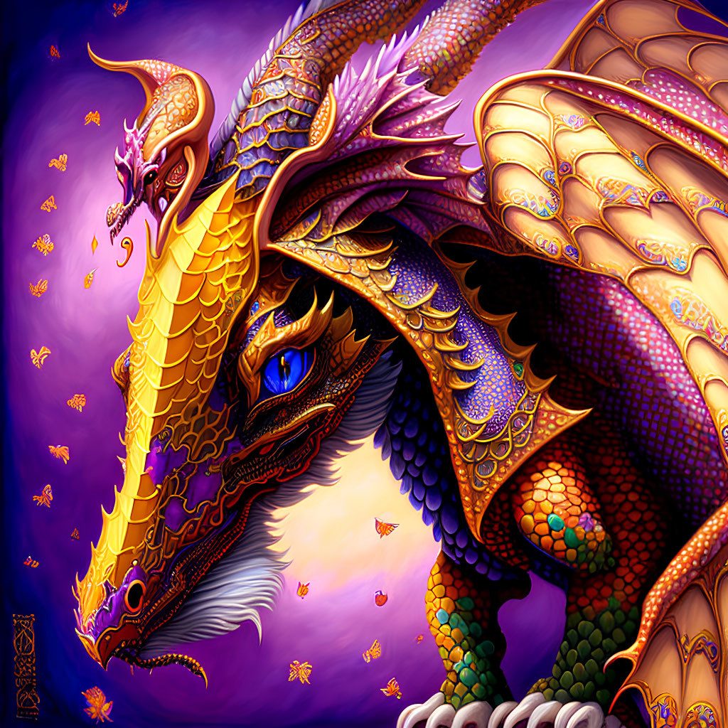 Colorful Dragon Illustration with Butterflies in Purple, Orange, and Yellow