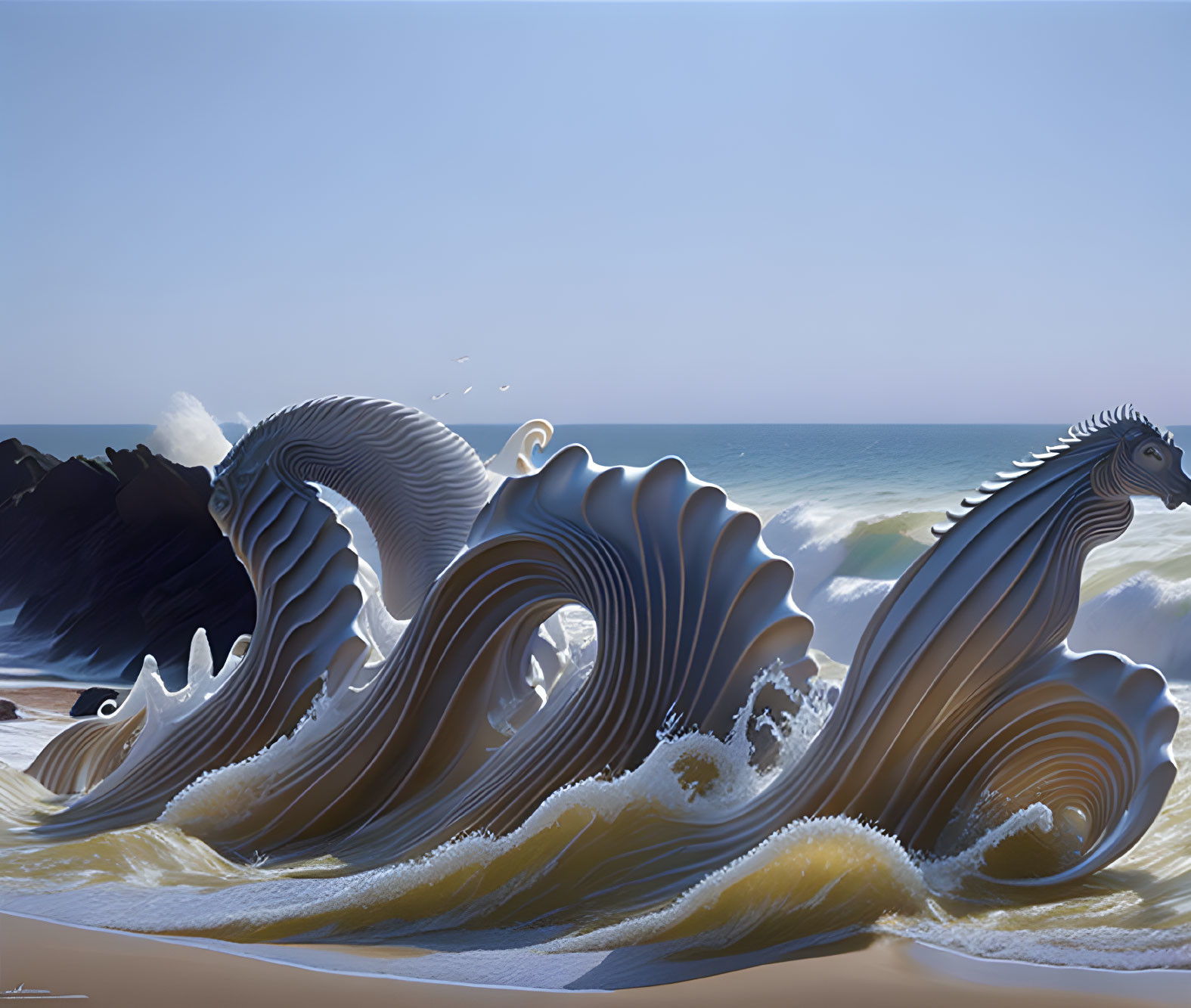 Ocean-themed digital art: Waves as sea creatures on sandy beach