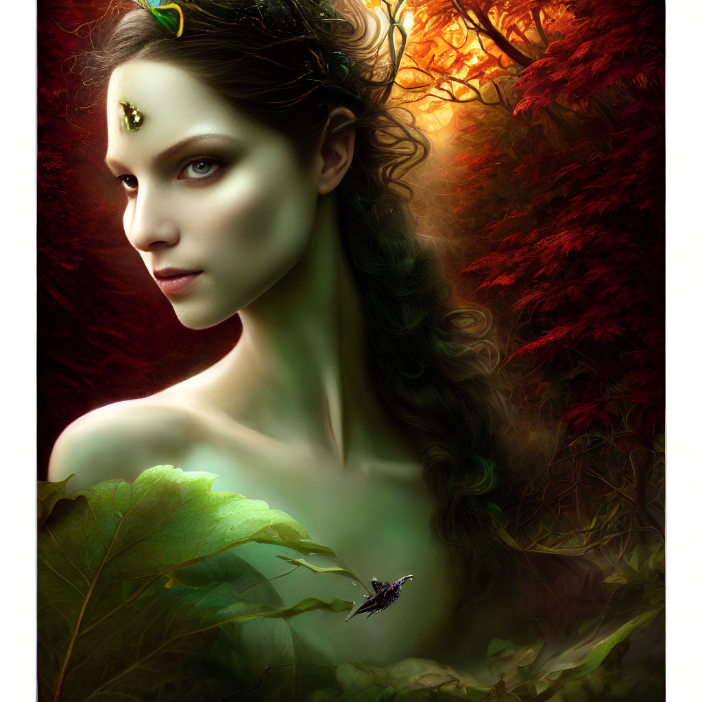 Fantasy portrait of woman with elfin features in autumn setting