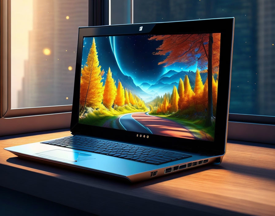 Laptop with nature-themed wallpaper on wooden surface with city sunset view.