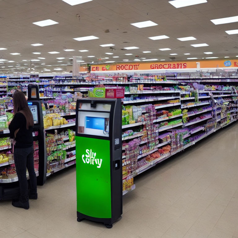 Person shopping in grocery store aisle with refrigerated products and self-service kiosk.