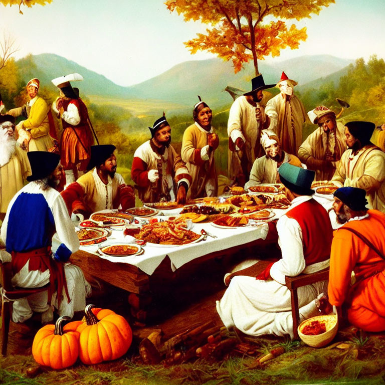 Pilgrims and Native Americans feast in autumnal setting