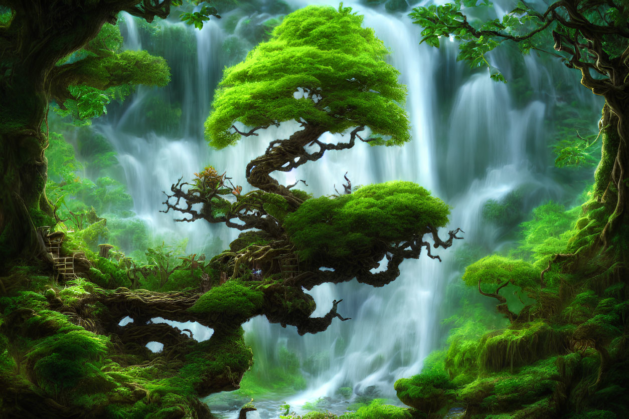 Vibrant green forest with intertwined branches and waterfalls