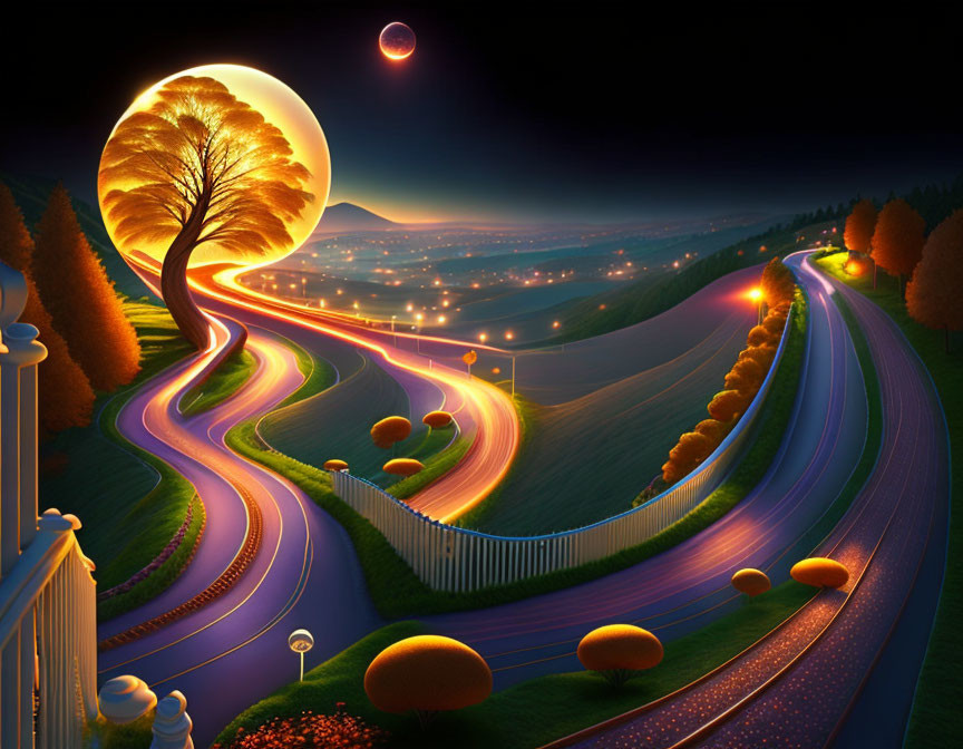 Colorful landscape with twisting road under moon and planet