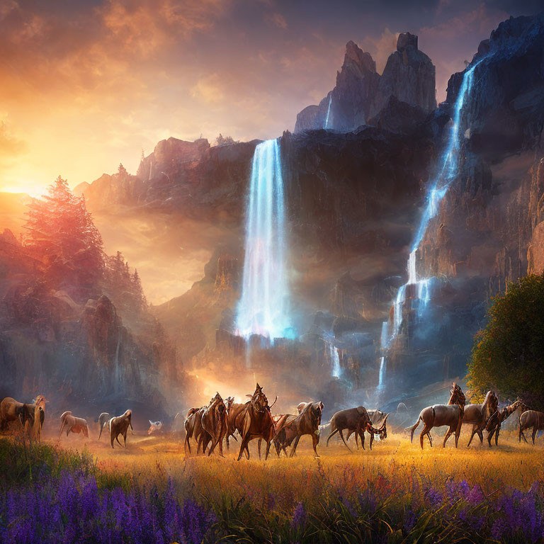 Horses grazing in field with waterfall, cliffs, and sunrise