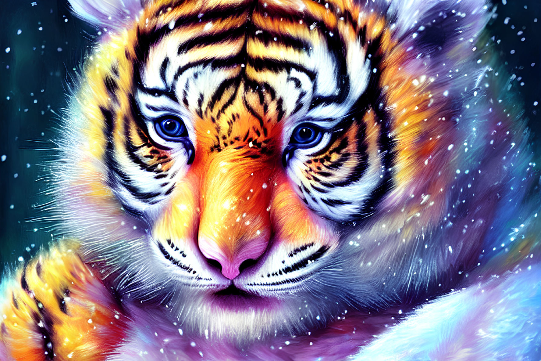 Colorful Tiger Face Artwork with Blue Eyes on Snowy Background