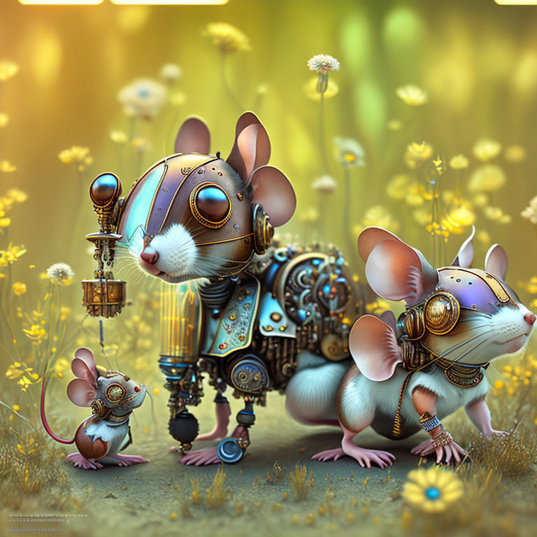 Whimsical steampunk robotic mice in dandelion field