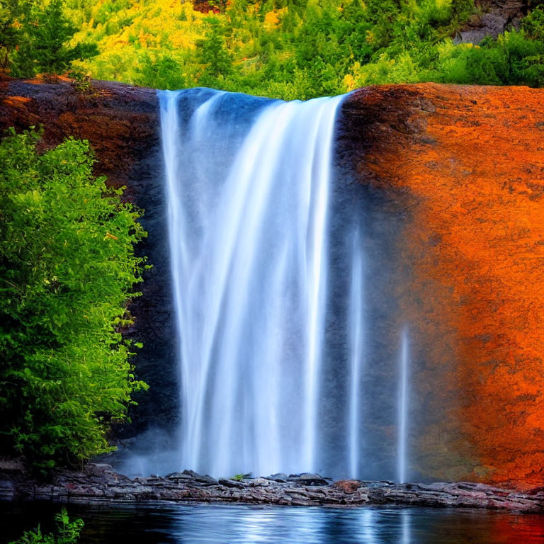 Majestic waterfall cascading over mossy red cliff into tranquil pool