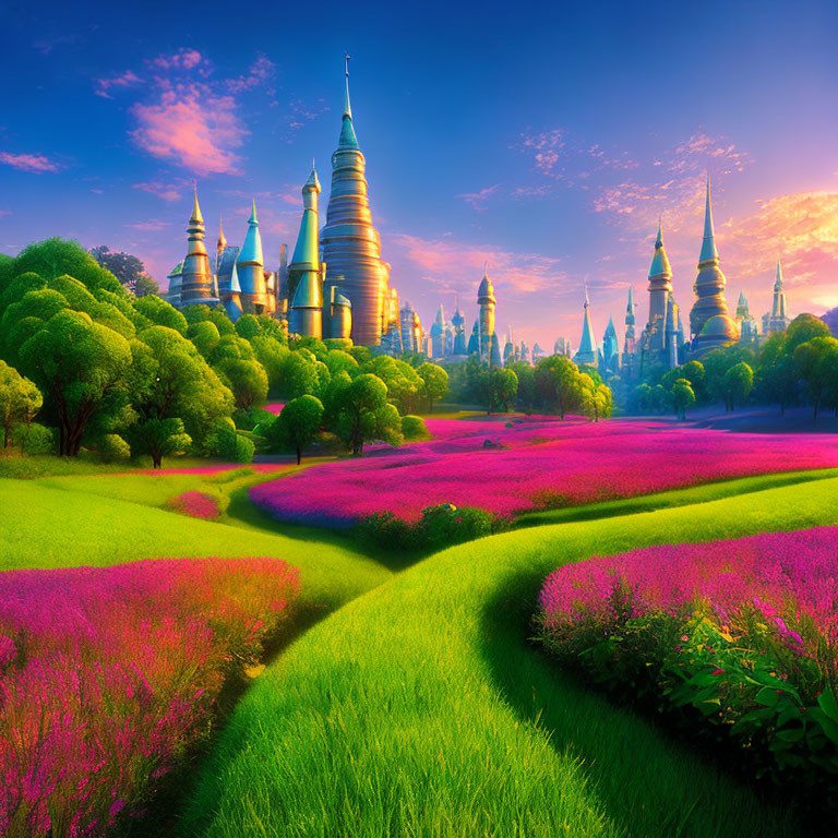 Fantasy landscape with pink flowers, golden castles, and lush greenery