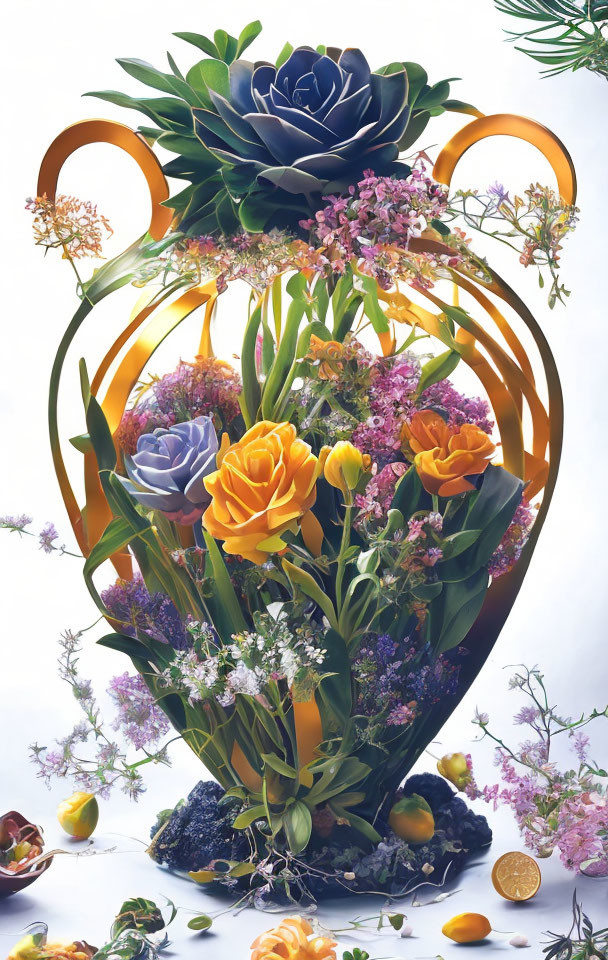 Ornate vase with vibrant blue, orange, and pink flowers and fruits
