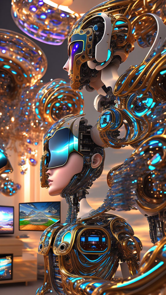 Hyper-realistic digital artwork of two android heads with golden mechanical details in a swirling technological setting.