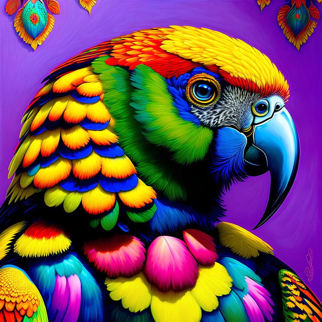 Colorful Parrot Digital Artwork on Purple Background