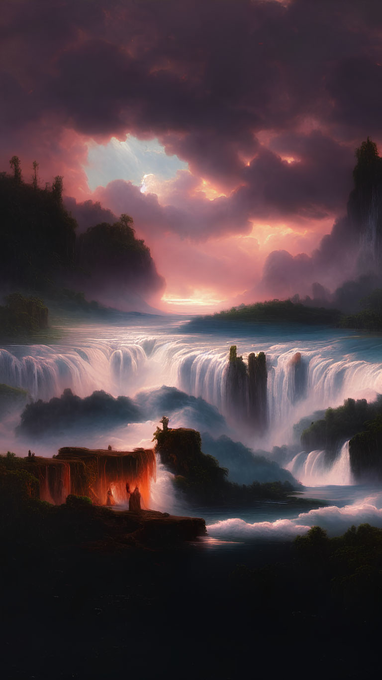Tranquil sunset waterfall scene with vibrant sky colors & lush greenery