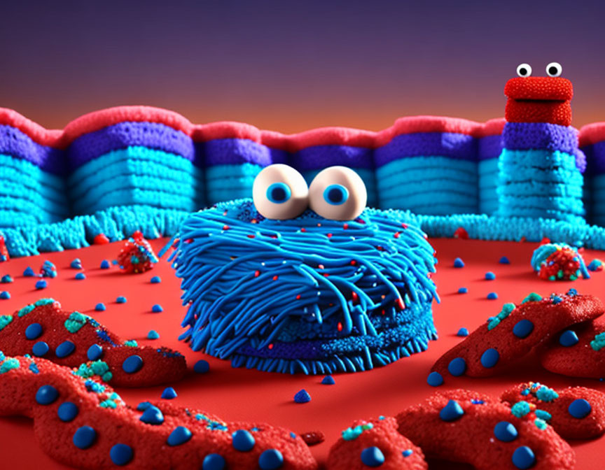Colorful 3D illustration of blue furry creature in candy landscape