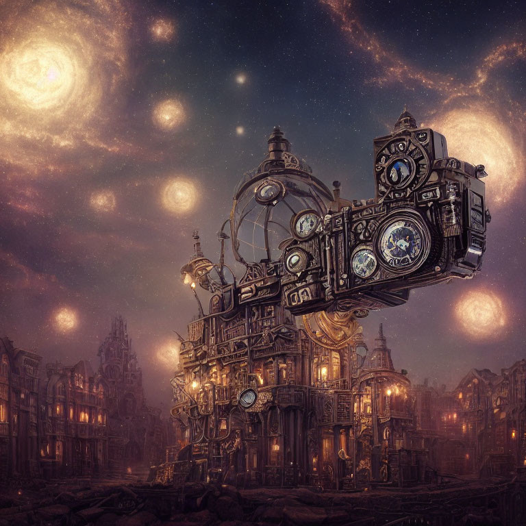 Steampunk airship with gears and clocks over fantastical city at night