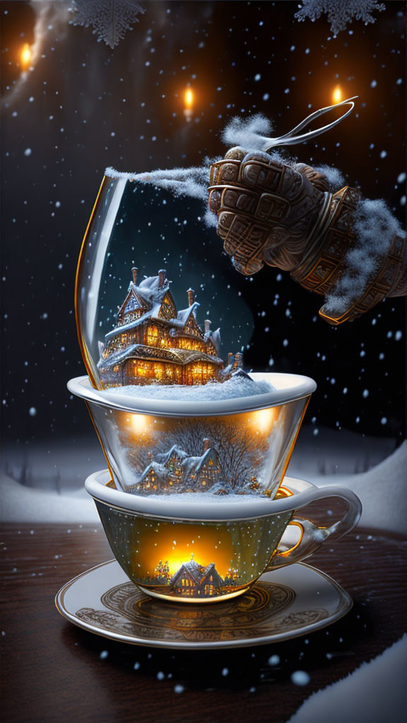 Hand sprinkling snow over glowing cups with winter scenes on dark snowy background