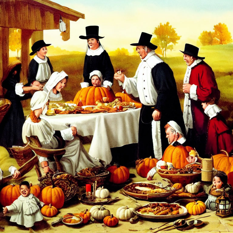 Traditional Pilgrim attire group with pumpkins and turkey scene