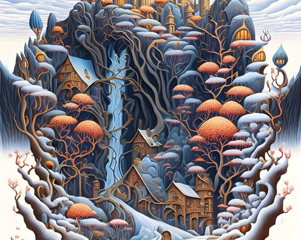 Fantastical painting of tree-like mountain with intricate buildings fused into branches, surrounded by autumnal trees
