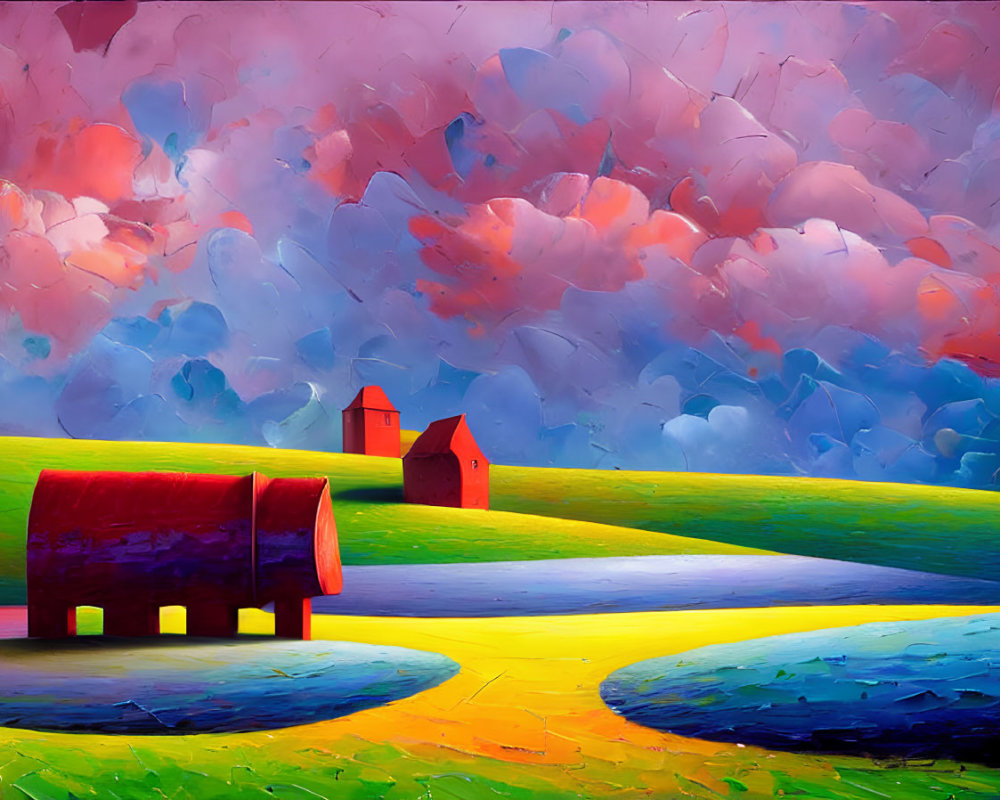 Colorful Landscape Painting with Red Barn, Small House, Green Hills, Path, and Sky