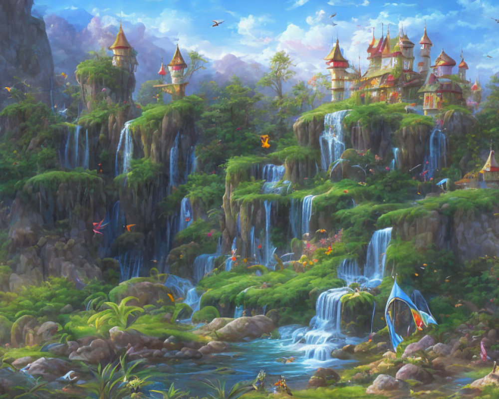 Fantasy landscape with grand castle, waterfalls, lush greenery, and dragons