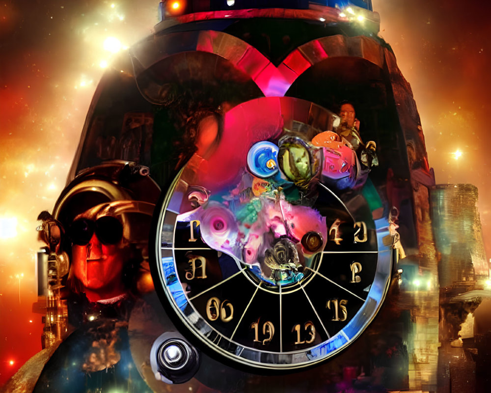 Cosmic collage with roulette wheel, zodiac symbols, human figure, and surreal imagery