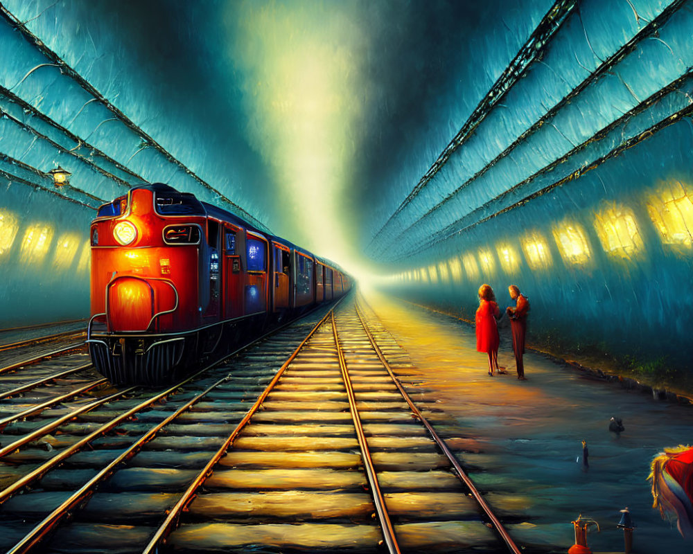 Colorful painting of red train in tunnel with waiting people and atmospheric lighting