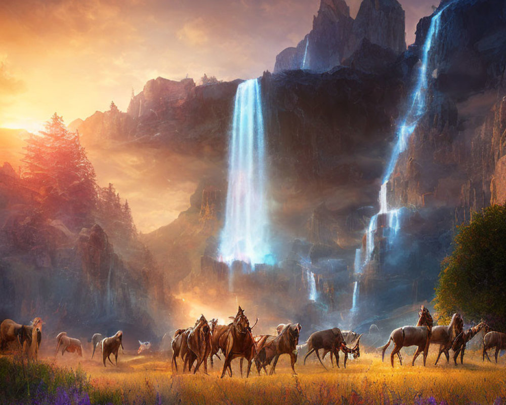 Horses grazing in field with waterfall, cliffs, and sunrise