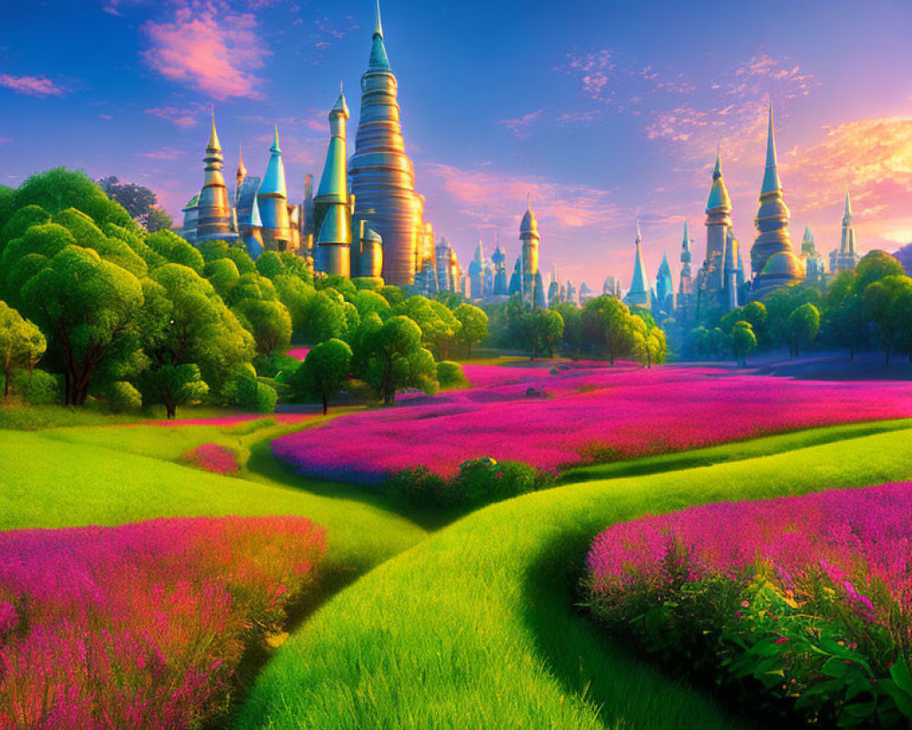 Fantasy landscape with pink flowers, golden castles, and lush greenery