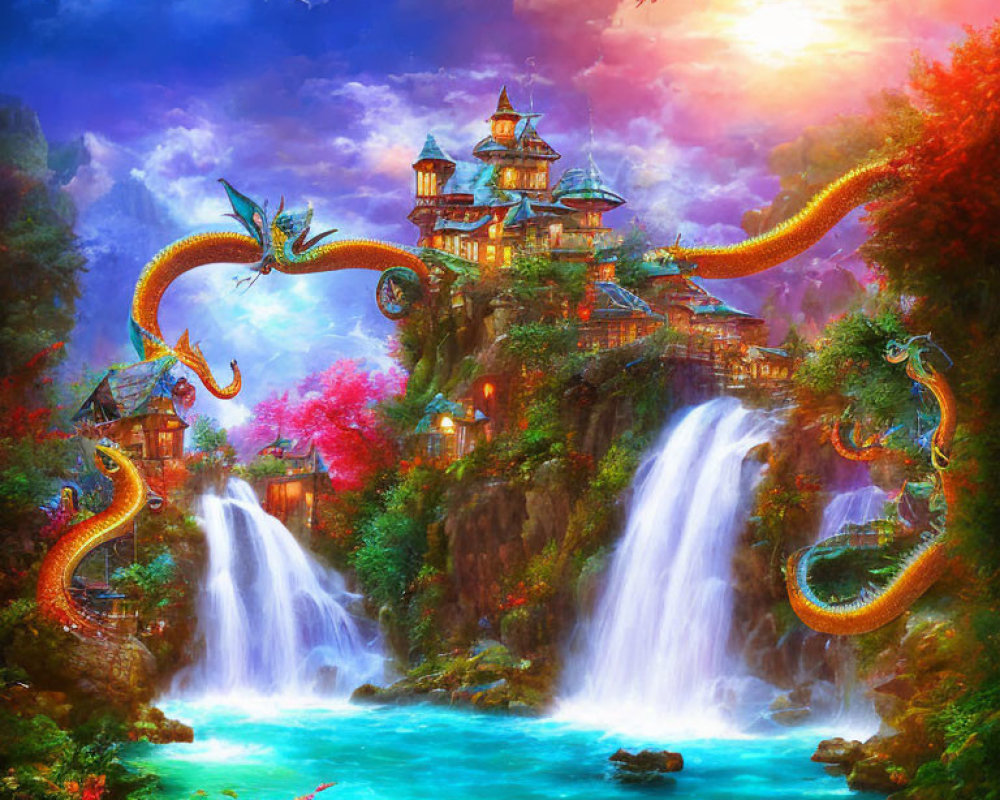 Fantasy landscape with castle, waterfall, dragons, lush flora, and sunset sky