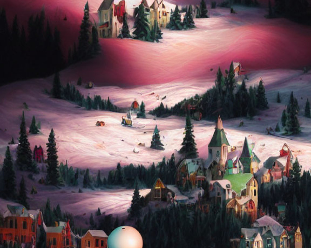 Snow-covered village with colorful houses in dusky pink sky
