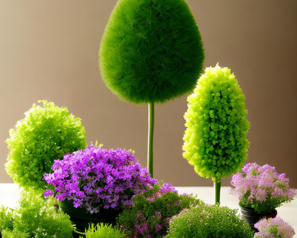 Vibrant green topiary plants and purple flowers in pots on beige background
