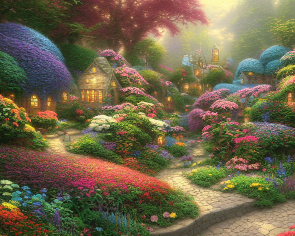 Vibrant Flowers in Enchanted Garden with Cobblestone Path