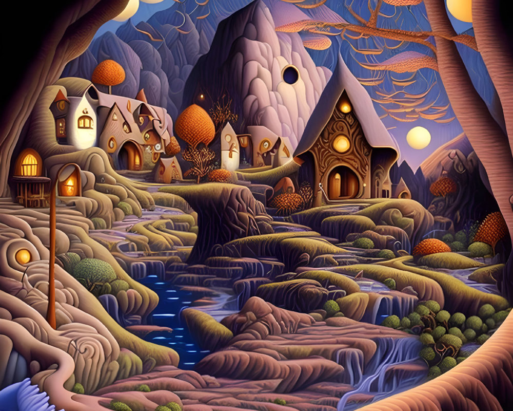 Whimsical houses in fantasy landscape with rolling hills, river, and two moons