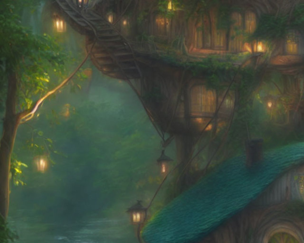 Whimsical treehouse in enchanted forest with glowing lanterns