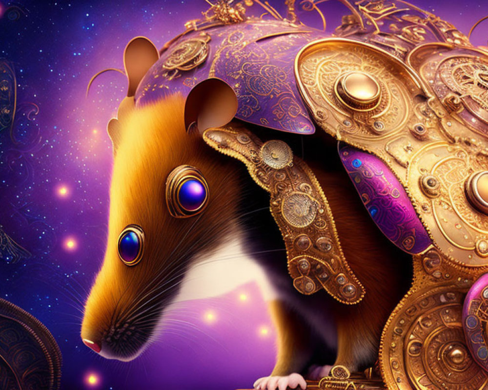 Steampunk-inspired guinea pig digital artwork with metallic gear embellishments on purple backdrop