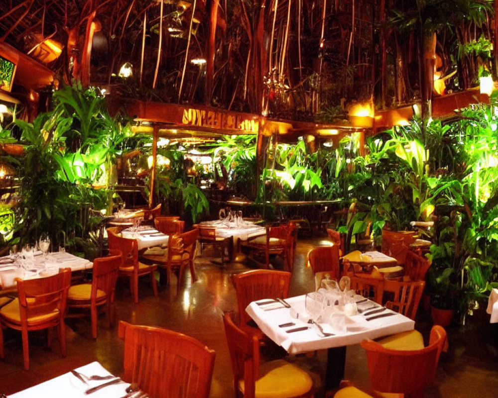 Tropical-themed restaurant with wooden decor and greenery