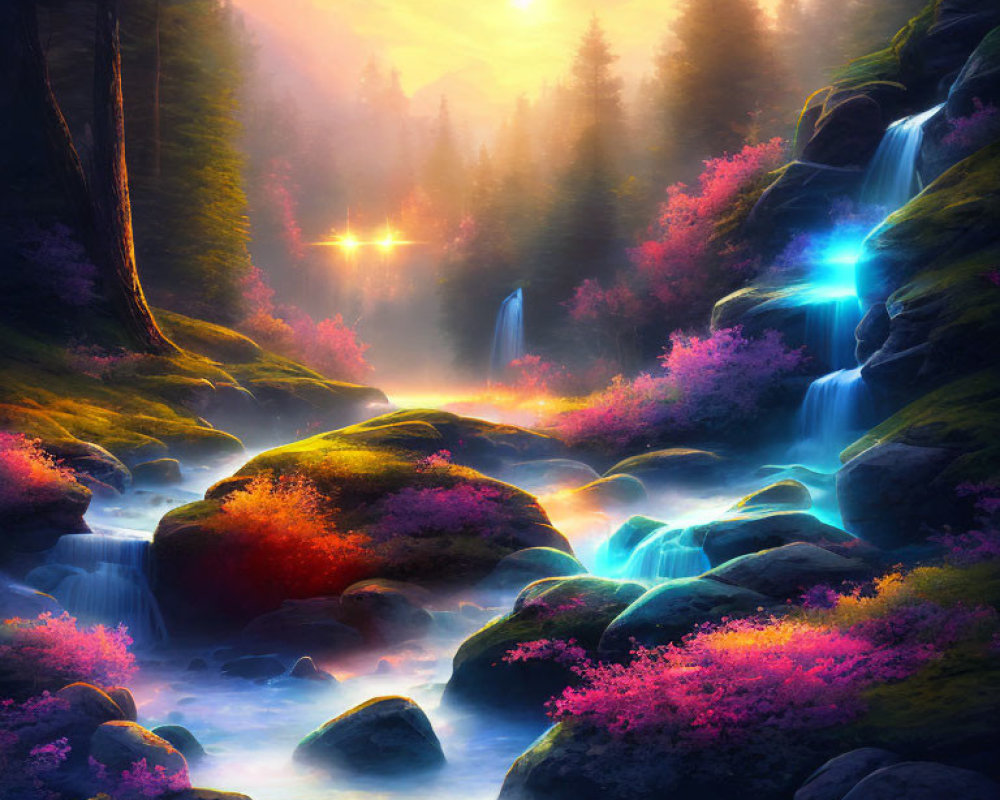 Vibrant fantasy landscape with waterfalls, glowing flora, and misty river