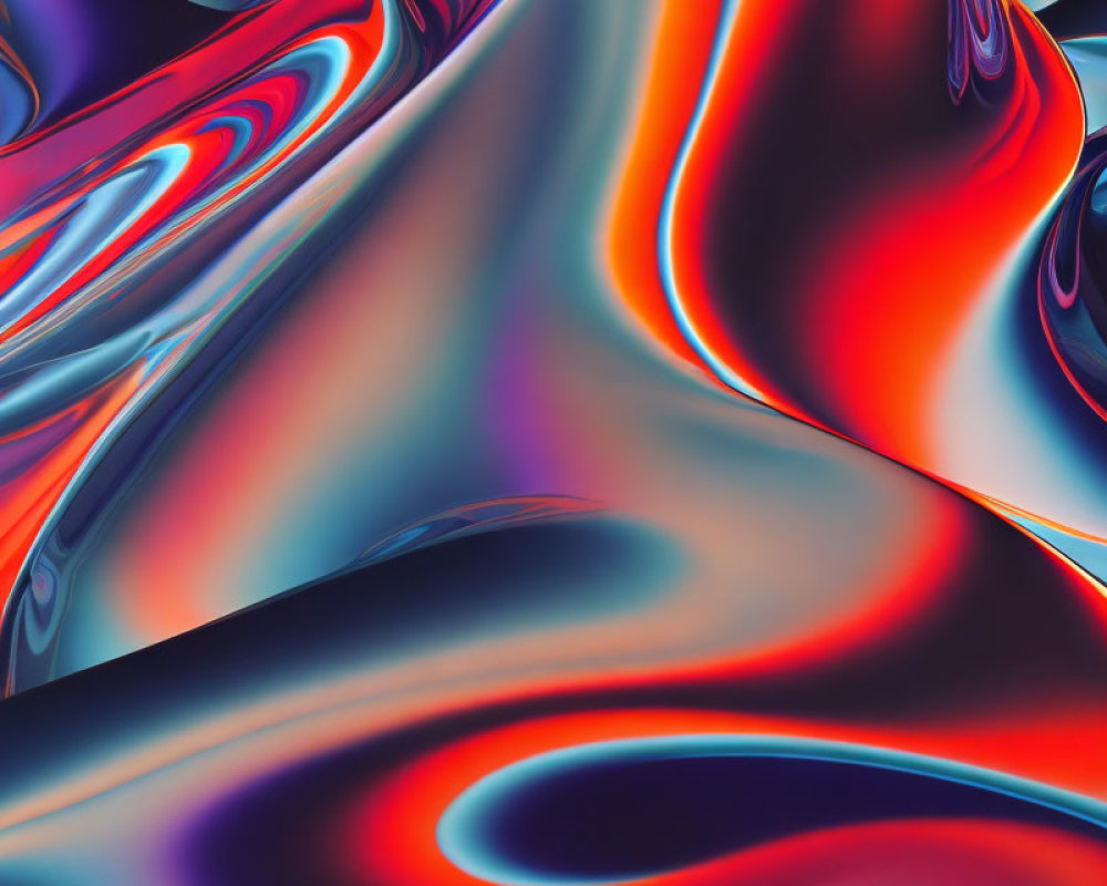 Abstract digital artwork with flowing shapes in blue, red, and silver.