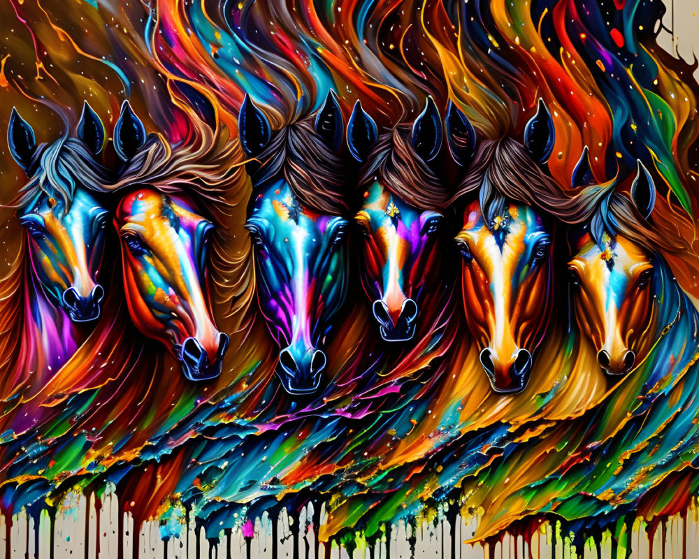 Colorful Abstract Horse Painting with Rainbow Manes on Dynamic Background