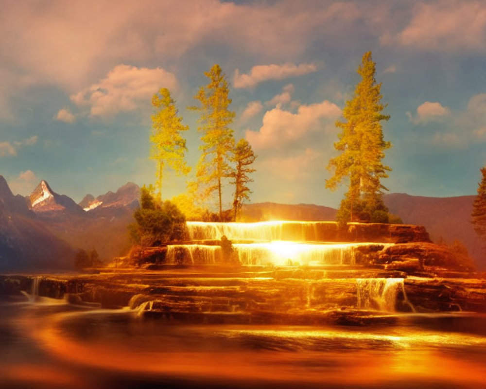 Scenic waterfall with golden sunlight on terraced rocks