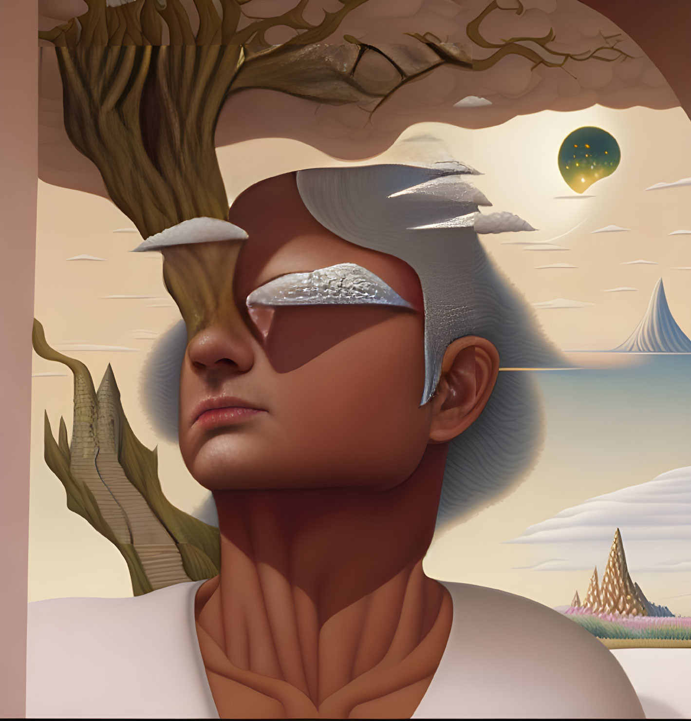 Surreal digital artwork: person with landscape head, mountains, cloud eyes, tree scalp, evening