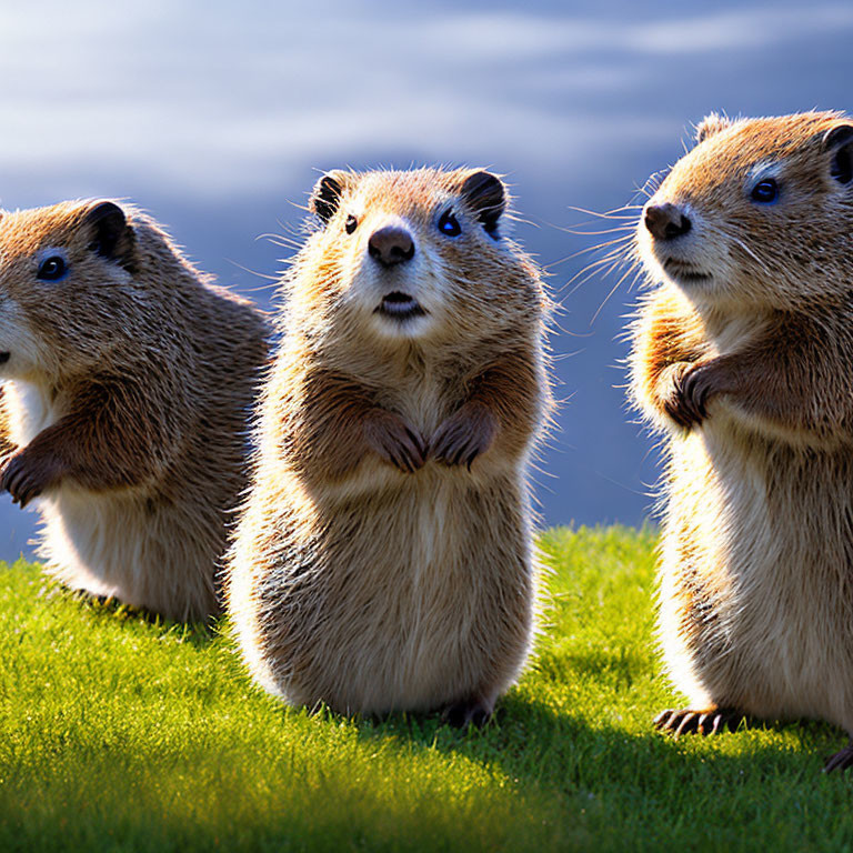 Three Groundhogs in Grass Field Against Blue Sky